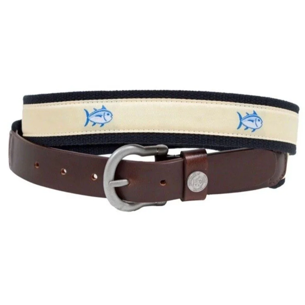 SOUTHERN TIDE Men’s “Skipjack” Ribbon Belt - Sandstone Khaki & Leather - Sz 34W